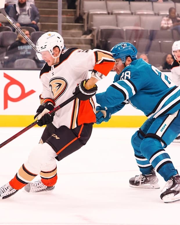 Nov 1, 2022; San Jose, California, USA; Anaheim Ducks defenseman John Klingberg (3) controls the puck ahead of San Jose Sharks right wing Timo Meier (28) during the overtime period at SAP Center at San Jose. Mandatory Credit: Kelley L Cox-USA TODAY Sports